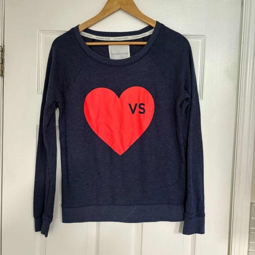 Victorias Secret PINK Blue And Pink Heart Sweatshirt Size Small
